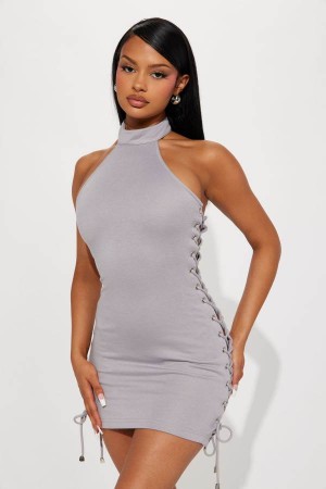 Grey Fashion Nova Steph Lace Up Mini Women Dress USA | 153678RPQ