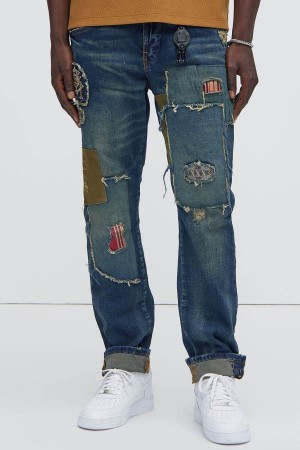 Indigo Fashion Nova Get On My Own Patched Stacked Skinny Men Jeans USA | 239076EHJ