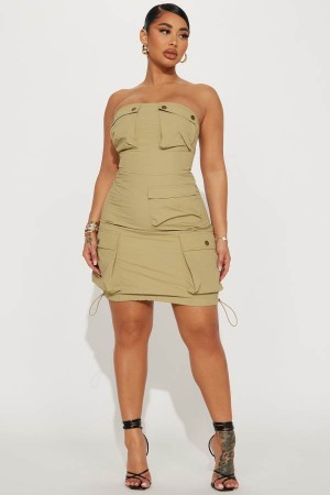 Khaki Fashion Nova Arianna Cargo Mini Women Dress USA | 512046VZU