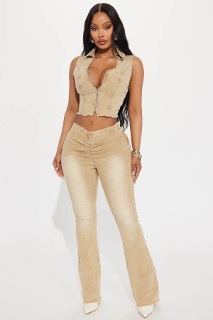 Khaki Fashion Nova Coming Back Frayed V Waistband Flare Women Pants USA | 290634KXE