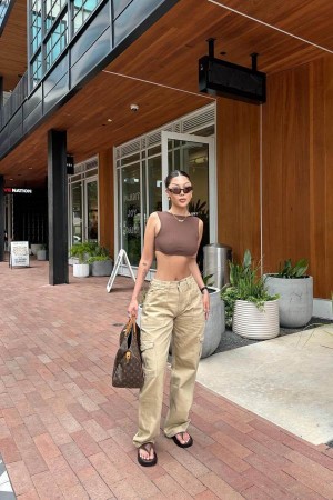 Khaki Fashion Nova Give Me A Break Cargo Carpenter Women Jeans USA | 278513XRL