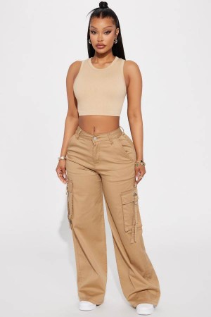 Khaki Fashion Nova Lay Low Wide Leg Cargo Women Pants USA | 694872FZB