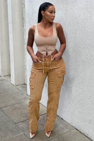 Khaki Fashion Nova Main Squeeze Mid Rise Straight Leg Cargo Women Jeans USA | 562931YWS