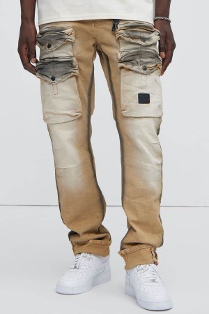 Khaki Fashion Nova On Time Cargo Stained Straight Men Jeans USA | 795103EUO