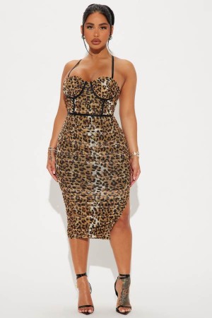 Leopard Fashion Nova All Riled Up Mesh Midi Women Dress USA | 582341KFE