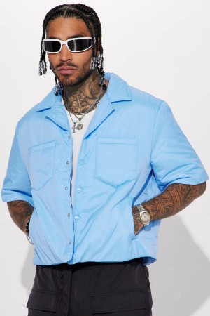 Light Blue Fashion Nova Aston Nylon Puffer Cropped Short Sleeve Men Shirts USA | 396427QPI