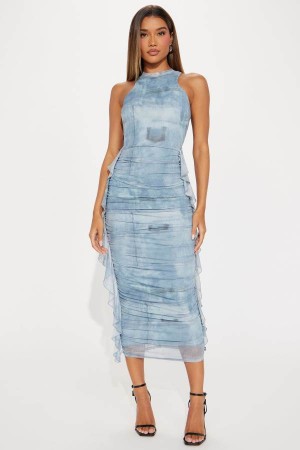 Light Blue Fashion Nova Jayla Ruched Mesh Maxi Women Dress USA | 298651WIG