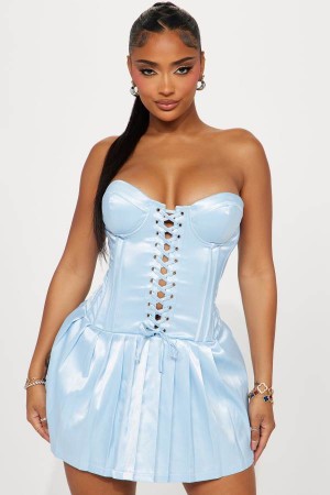 Light Blue Fashion Nova Princess Treatment Satin Micro Mini Women Dress USA | 369074TSD