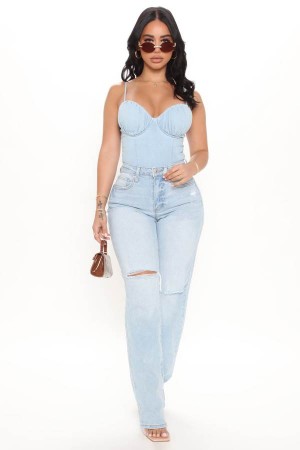 Light Blue Wash Fashion Nova 90's Nostalgia Straight Leg Women Jeans USA | 127986VUO