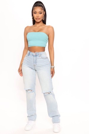 Light Blue Wash Fashion Nova Beat Me To It Straight Leg Women Jeans USA | 586349UYO