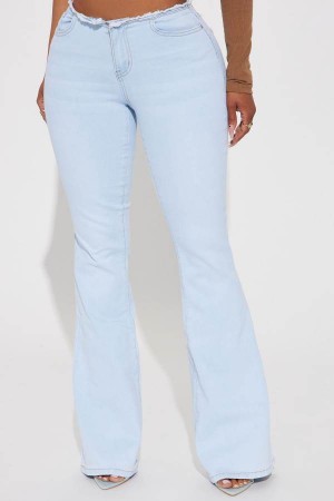 Light Blue Wash Fashion Nova Big Flirt Cut Off Waistband Low Rise Flare Women Jeans USA | 579013SIM