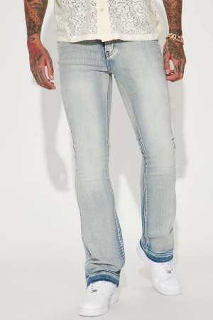 Light Blue Wash Fashion Nova Cornell Stacked Skinny Flare Men Jeans USA | 912864FVX