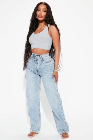 Light Blue Wash Fashion Nova Crossover Straight Leg Women Jeans USA | 260834XFR