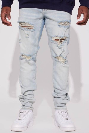 Light Blue Wash Fashion Nova Down Hill Stacked Skinny Men Jeans USA | 876103RFH