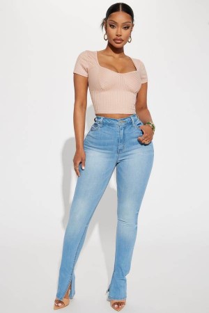 Light Blue Wash Fashion Nova Get My Good Side Slit Premium Stretch Skinny Women Jeans USA | 052613BZK