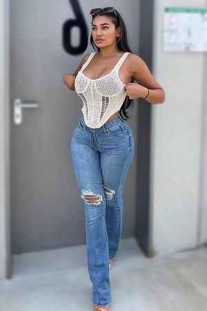 Light Blue Wash Fashion Nova Jessie Mid Rise Distressed Bootcut Women Jeans USA | 587642VXJ