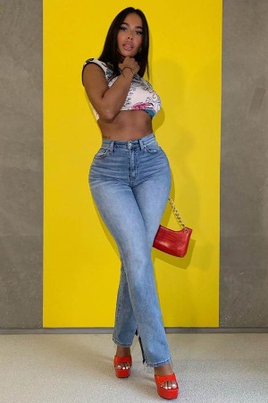 Light Blue Wash Fashion Nova Killing 'Em Softly Side Split Women Jeans USA | 023175IML