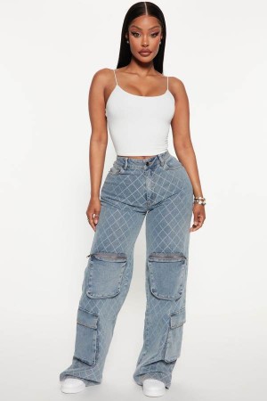 Light Blue Wash Fashion Nova Missing You Cargo Women Jeans USA | 926354QEO