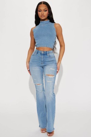 Light Blue Wash Fashion Nova Not My Fault Ripped Flare Women Jeans USA | 365810VJR