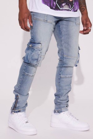 Light Blue Wash Fashion Nova Out Of Control Stacked Skinny Men Jeans USA | 617538TEM