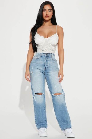 Light Blue Wash Fashion Nova Petite As You Please Ripped Straight Leg Women Jeans USA | 762108FGU