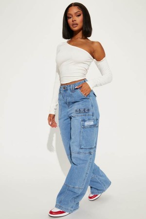 Light Blue Wash Fashion Nova Ready Or Not Cargo Women Jeans USA | 423108FBX