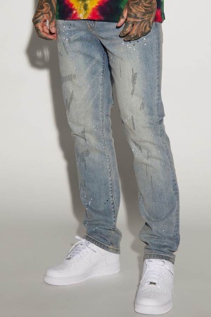 Light Blue Wash Fashion Nova Ripped And Bleach Splatter Slim Men Jeans USA | 168507UVI