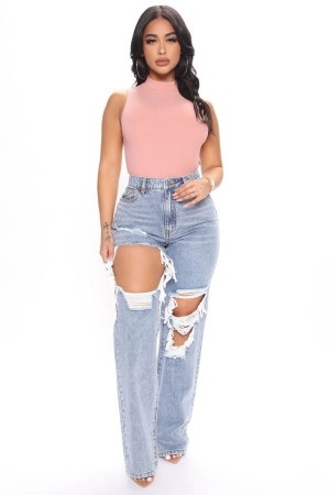 Light Blue Wash Fashion Nova Sassy Straight Leg Women Jeans USA | 081957JOQ