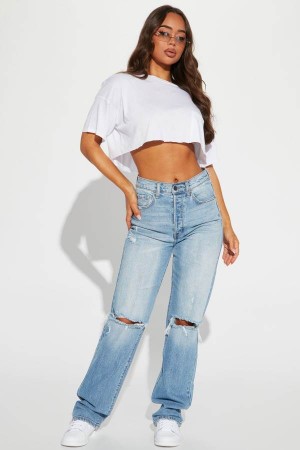 Light Blue Wash Fashion Nova Tall As You Please Ripped Straight Leg Women Jeans USA | 395706ITS