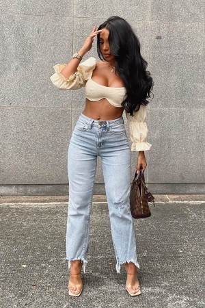 Light Blue Wash Fashion Nova Time Out Crossover Distressed Vintage Ankle Women Jeans USA | 238601ESO