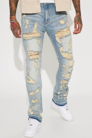 Light Blue Wash Fashion Nova Torn Apart Stacked Skinny Flare Men Jeans USA | 473906JRD