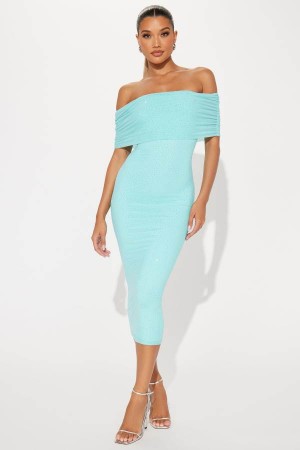 Light Turquoise Fashion Nova Bling Fling Rhinestone Mesh Midi Women Dress USA | 974283MRP