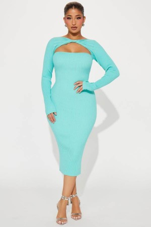 Light Turquoise Fashion Nova Tatiana Twisted Midi Women Dress USA | 068953RLS