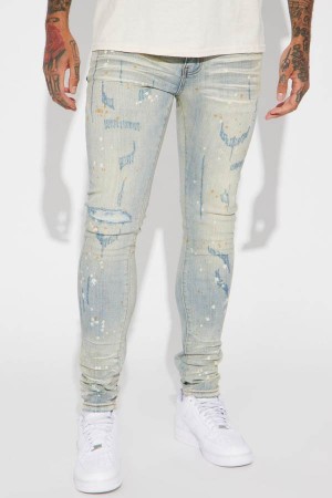 Light Wash Fashion Nova Catch Up Painted Stacked Skinny Men Jeans USA | 493281TJY