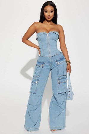 Light Wash Fashion Nova Ciara Denim Pant Set Women Pants USA | 803562EZM