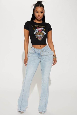 Light Wash Fashion Nova Clap Back Belted Stretch Bootcut Women Jeans USA | 089562HEB