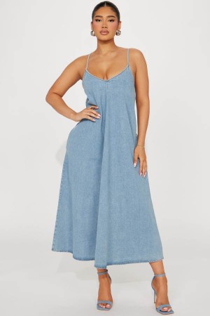 Light Wash Fashion Nova Desiree Denim Maxi Women Dress USA | 695287BTV