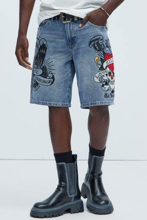 Light Wash Fashion Nova Ed Hardy Skull Skater Denim Men Shorts USA | 814602KZN