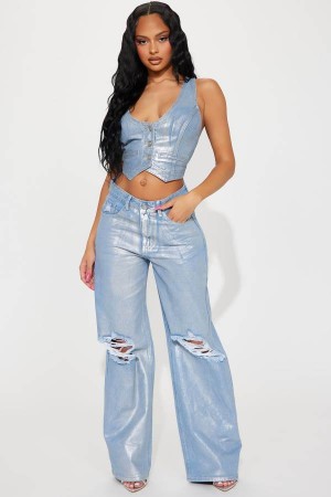 Light Wash Fashion Nova Freja Foil Ripped Baggy Women Jeans USA | 187942ZXH