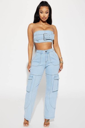 Light Wash Fashion Nova Go All Out Denim Pant Set Women Pants USA | 687231GWP