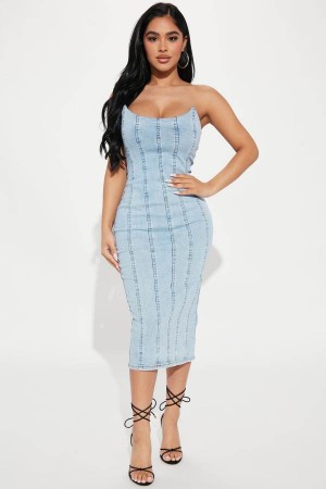 Light Wash Fashion Nova Hottie Denim Midi Women Dress USA | 479085URA