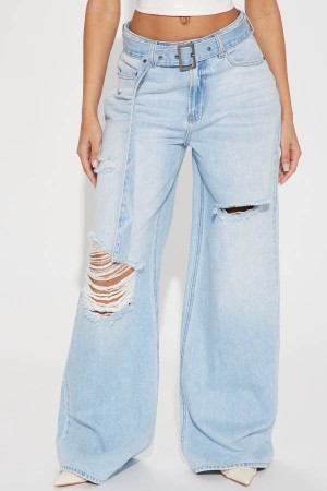 Light Wash Fashion Nova Hush Up Belted Wide Leg Women Jeans USA | 706145IMK