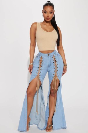 Light Wash Fashion Nova Invested Stretch Lace Up Flare Women Jeans USA | 132789GPB