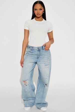 Light Wash Fashion Nova Juliette Ripped Loose Straight Leg Women Jeans USA | 065912PSJ