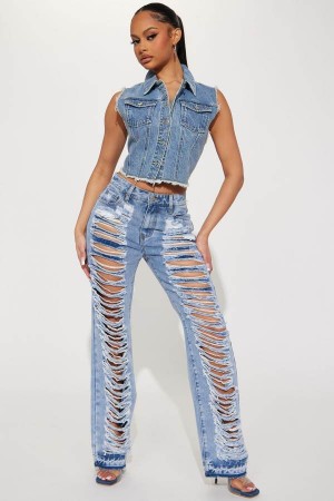 Light Wash Fashion Nova Lazuli Shredded Non Stretch Straight Leg Women Jeans USA | 081964YUI