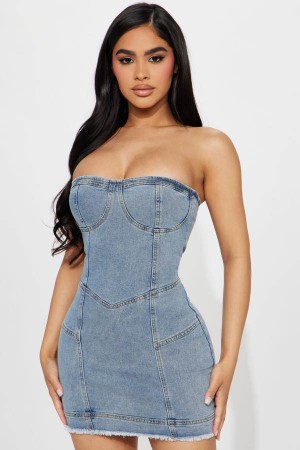 Light Wash Fashion Nova Leena Denim Mini Women Dress USA | 392817ALG