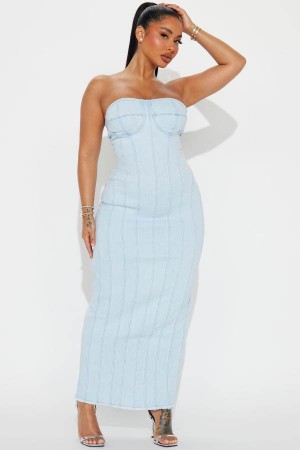 Light Wash Fashion Nova Main Attraction Denim Maxi Women Dress USA | 264518XFP