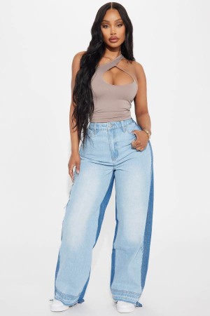 Light Wash Fashion Nova Mixed Feelings Two Tone Baggy Women Jeans USA | 018674PJK