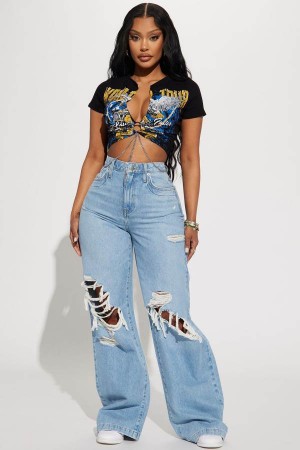 Light Wash Fashion Nova Not A Chance Ripped Non Stretch Wide Leg Women Jeans USA | 405831BLX