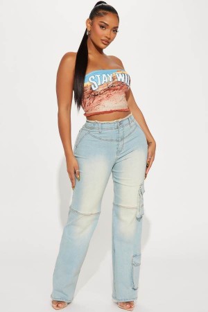 Light Wash Fashion Nova Nothing Can Stop Us Cargo Women Jeans USA | 908645KVY